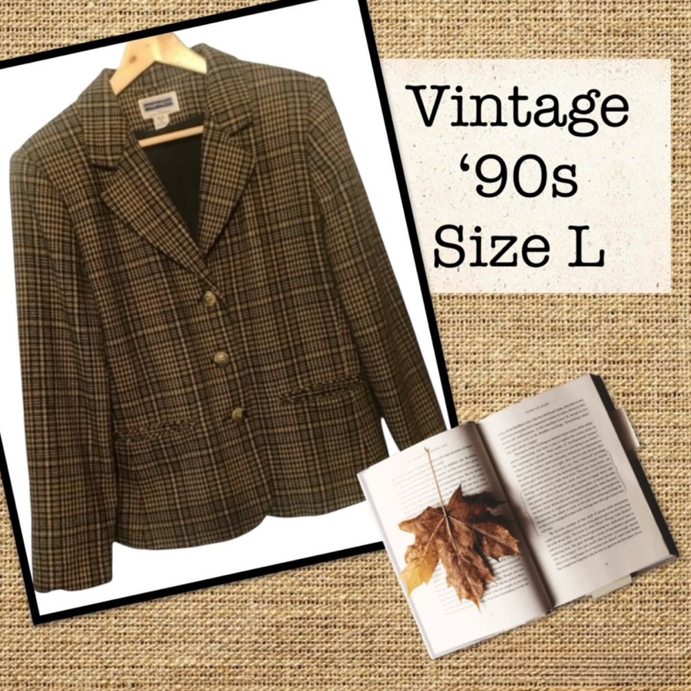 Vintage 90s Plaid Wool Blazer Prophecy Black & Tan Houndstooth L 12 - Picture 6 of 8